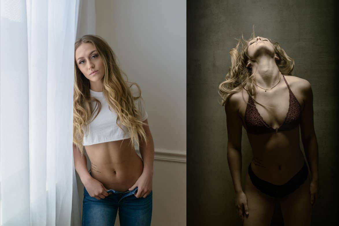 Same woman photographed in natural light and flash